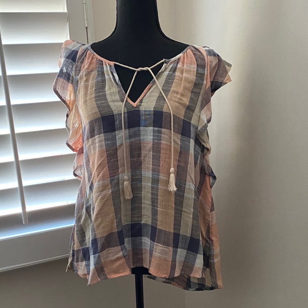 Liverpool Multicolor Plaid Ruffle Sleeve Blouse
